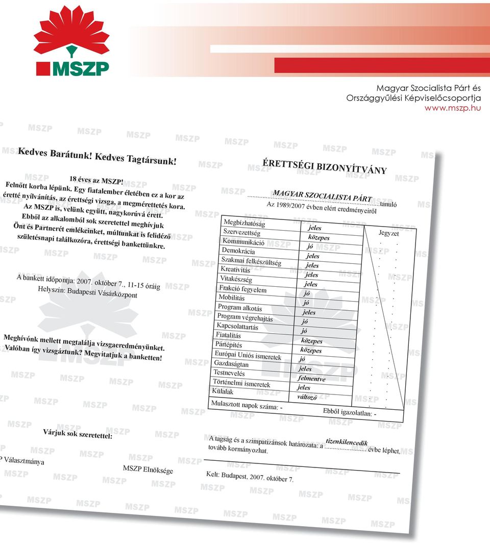 MSZP MSZP MSZP MSZP éretté nyílvánítás, az érettségi vizsga, a megmérettetés kora Az MSZP is, velünk együtt, nagykorúvá érett MAGYAR SZOCIALISTA PÁRT tanuló Az 1989/2007 évben elért eredményeiről SZP