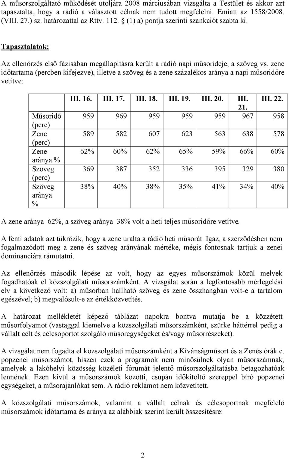 zene időtartama (percben kifejezve), illetve a szöveg és a zene százalékos aránya a napi műsoridőre vetítve: Műsoridő (perc) Zene (perc) Zene aránya % Szöveg (perc) Szöveg aránya % III. 6. III. 7.