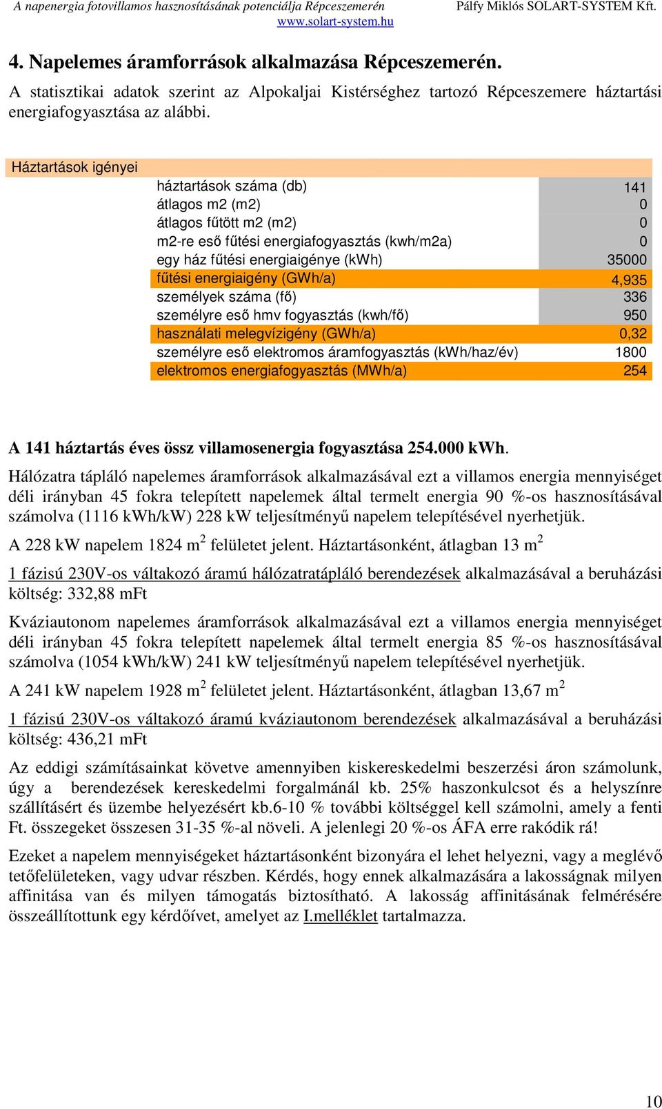 (GWh/a) 4,935 személyek száma (fő) 336 személyre eső hmv fogyasztás (kwh/fő) 950 használati melegvízigény (GWh/a) 0,32 személyre eső elektromos áramfogyasztás (kwh/haz/év) 1800 elektromos