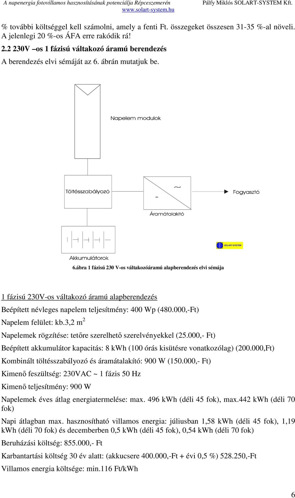 ábra 1 fázisú 230 V-os váltakozóáramú alapberendezés elvi sémája 1 fázisú 230V-os váltakozó áramú alapberendezés Beépített névleges napelem teljesítmény: 400 Wp (480.000,-Ft) Napelem felület: kb.