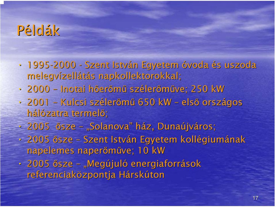 országos hálózatra termelő; 2005 ősze Solanova ház, Dunaújv jváros; 2005 ősze Szent István n Egyetem