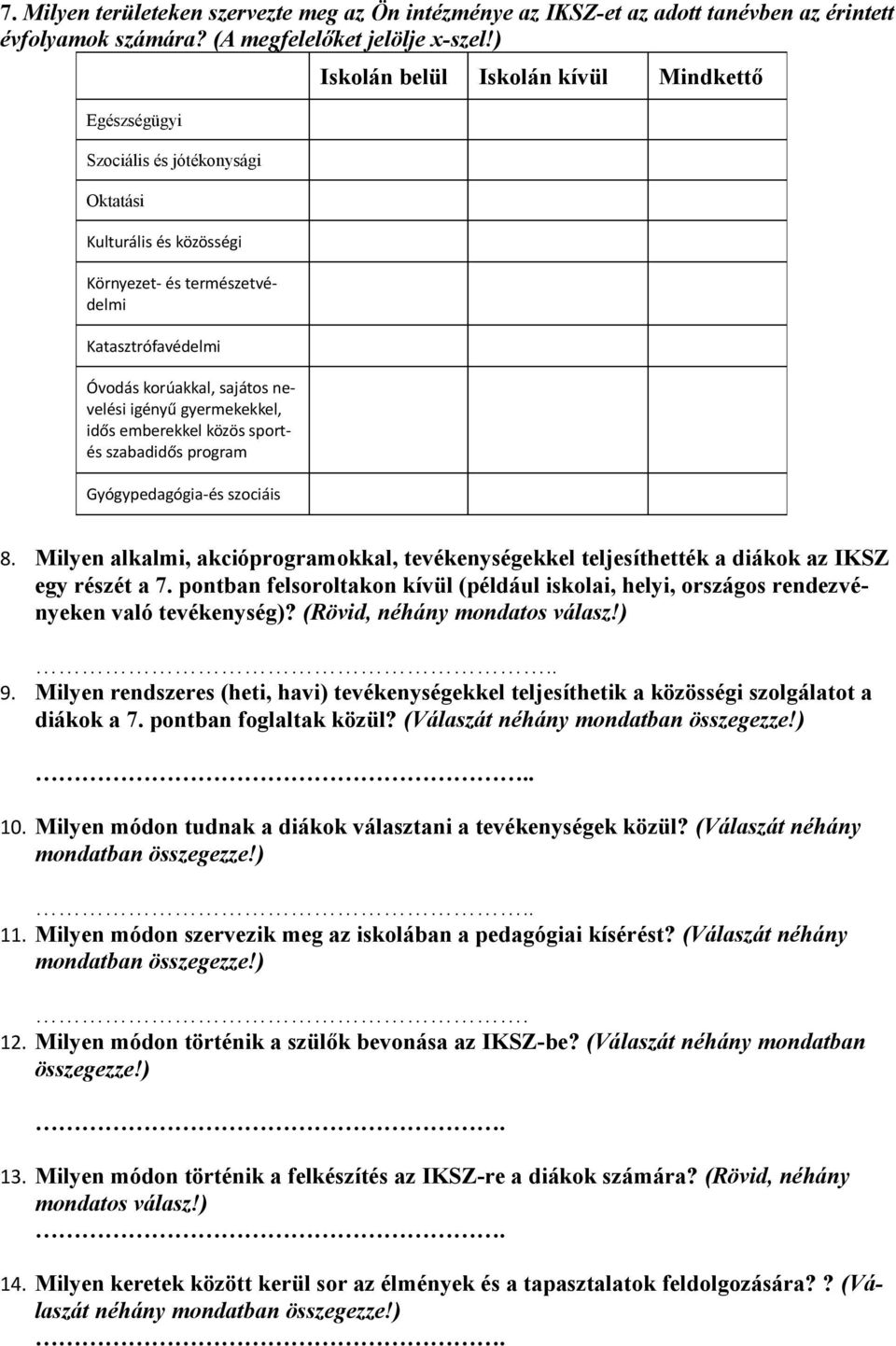 közös sportés szabadidős program Gyógypedagógia-és szociáis Iskolán belül Iskolán kívül Mindkettő 8. Milyen alkalmi, akcióprogramokkal, tevékenységekkel teljesíthették a diákok az IKSZ egy részét a 7.