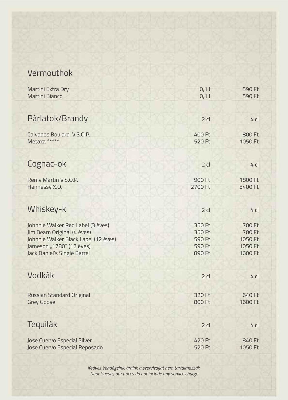 Walker Black Label (12 éves) 590 Ft 1050 Ft Jameson 1780 (12 éves) 590 Ft 1050 Ft Jack Daniel s Single Barrel 890 Ft 1600 Ft Vodkák 2 cl 4 cl Russian Standard Original