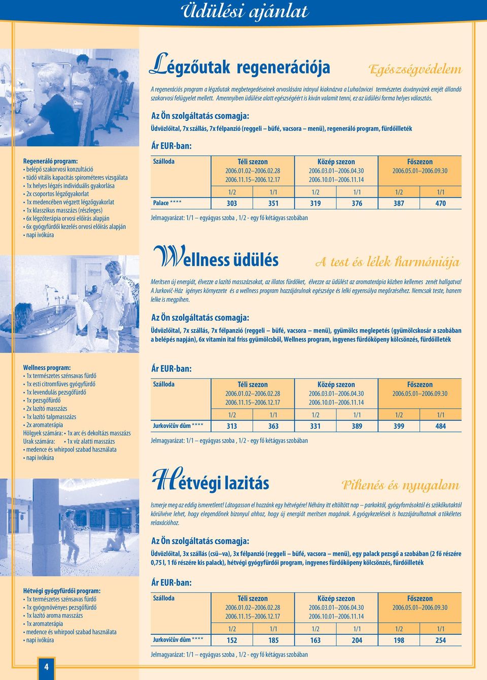 Üdvözlőital, 7x szállás, 7x félpanzió (reggeli büfé, vacsora menü), regeneráló program, fürdőilleték Regeneráló program: belépő szakorvosi konzultáció tüdő vitális kapacitás spirométeres vizsgálata