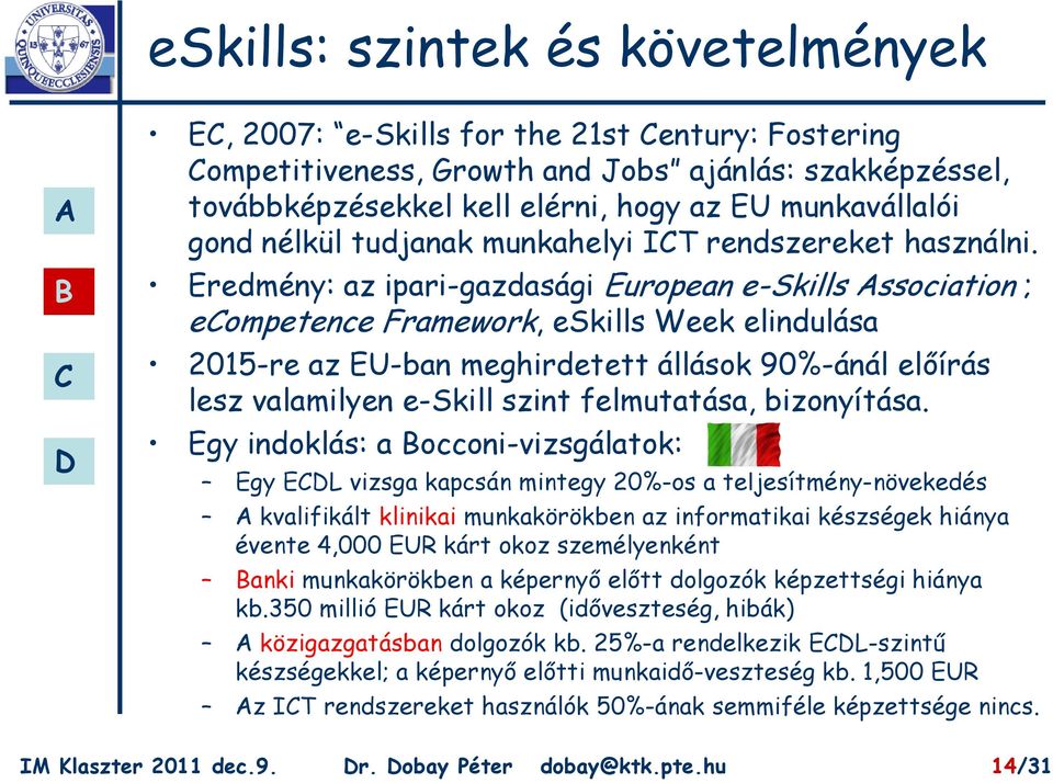 Eredmény: az ipari-gazdasági European e-skills ssociation ; eompetence Framework, eskills Week elindulása 2015-re az EU-ban meghirdetett állások 90%-ánál előírás lesz valamilyen e-skill szint