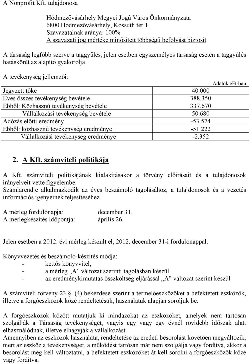 alapító gyakorolja. A tevékenység jellemzői: Jegyzett tőke 40.000 Éves összes tevékenység bevétele 388.350 Ebből: Közhasznú tevékenység bevétele 337.670 Vállalkozási tevékenység bevétele 50.