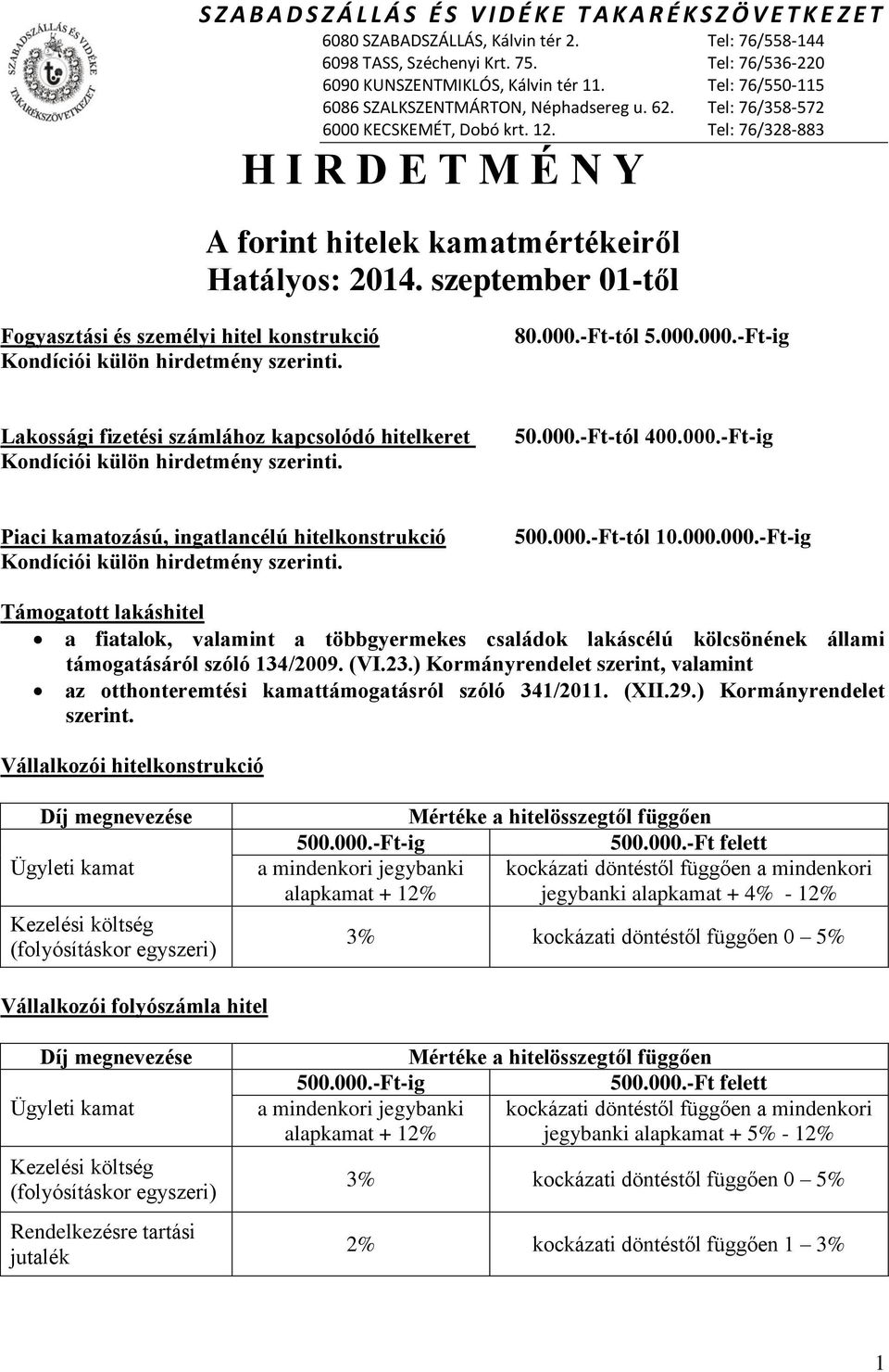 (VI.23.) Kormányrendelet szerint, valamint az otthonteremtési kamattámogatásról szóló 341/2011. (XII.29.) Kormányrendelet szerint. Vállalkozói hitelkonstrukció Díj megnevezése Ügyleti kamat Kezelési költség (folyósításkor egyszeri) Mértéke a hitelösszegtől függően 500.