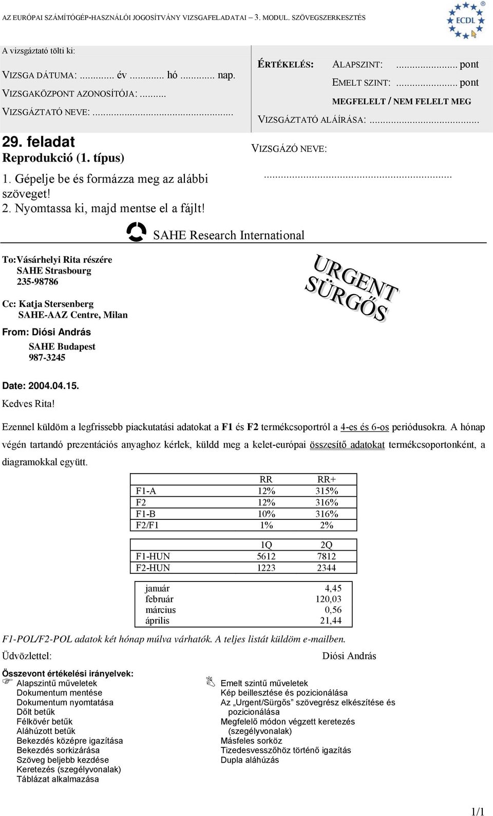 .. SAHE Research International To:Vásárhelyi Rita részére SAHE Strasbourg 235-98786 Cc: Katja Stersenberg SAHE-AAZ Centre, Milan From: Diósi András SAHE Budapest 987-3245 Date: 2004.04.15.