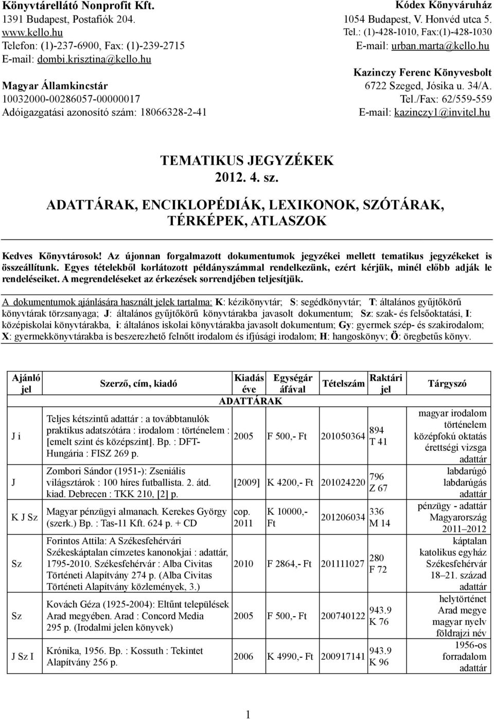 /Fax: 62/559-559 Adóigazgatási azonosító szám: 18066328-2-41 E-mail: kazinczy1@invitel.hu TEMATIKUS EGYZÉKEK 2012. 4. sz. ADATTÁRAK, ENCIKLOPÉDIÁK, LEIKONOK, SZÓTÁRAK, TÉRKÉPEK, ATLASZOK Kedves Könyvtárosok!