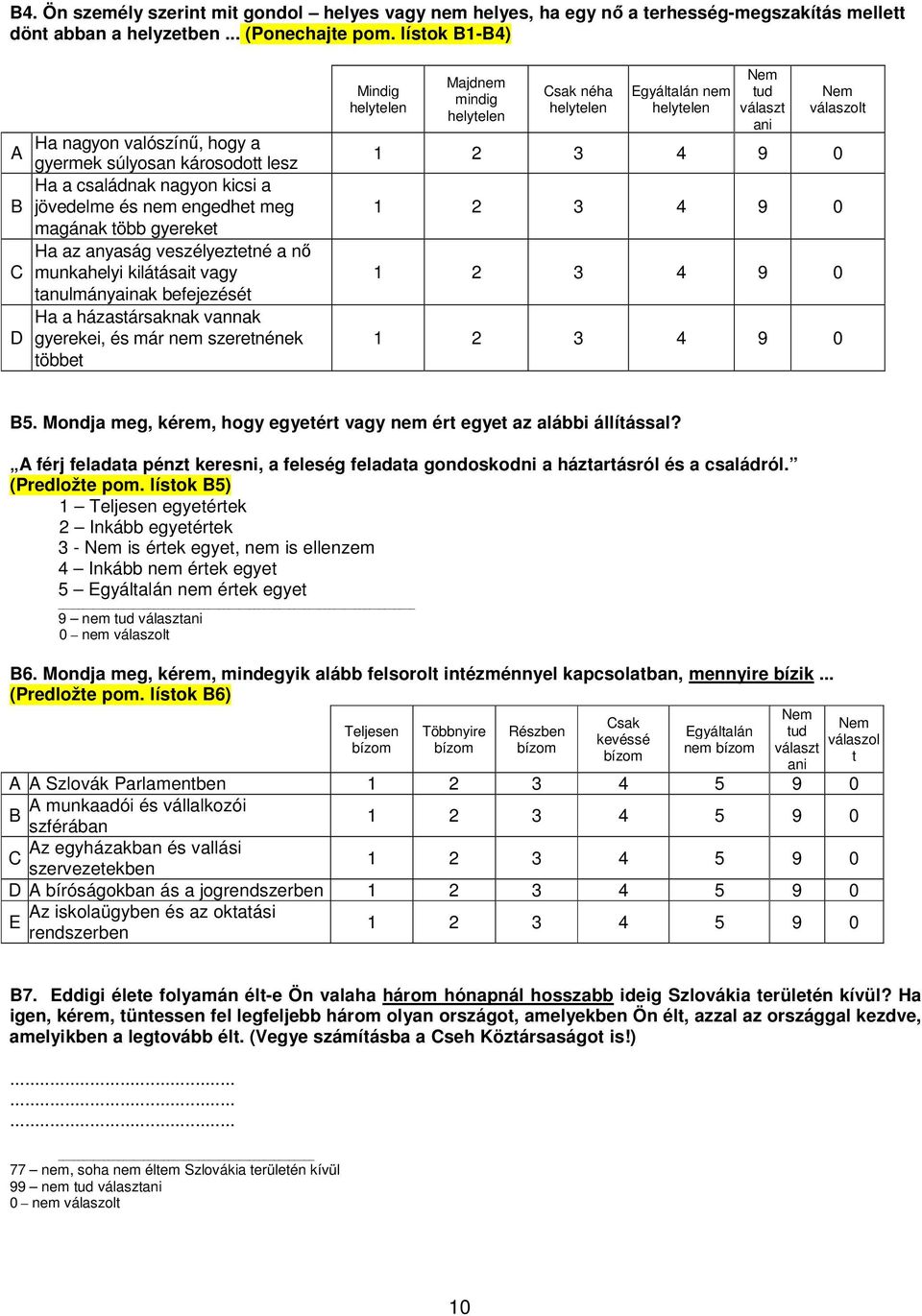 munkahelyi kilátásait vagy tanulmányainak befejezését Ha a házastársaknak vannak gyerekei, és már nem szeretnének többet Mindig helytelen Majdnem mindig helytelen Csak néha helytelen Egyáltalán nem