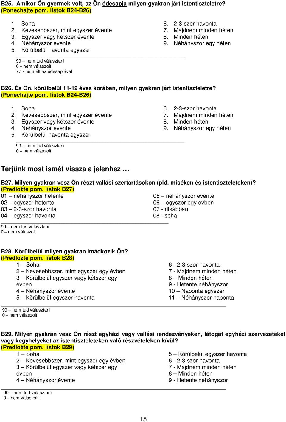 És Ön, körülbelül 11-12 éves korában, milyen gyakran járt istentiszteletre? (Ponechajte pom. lístok B24-B26) 1. Soha 2. Kevesebbszer, mint egyszer évente 3. Egyszer vagy kétszer évente 4.