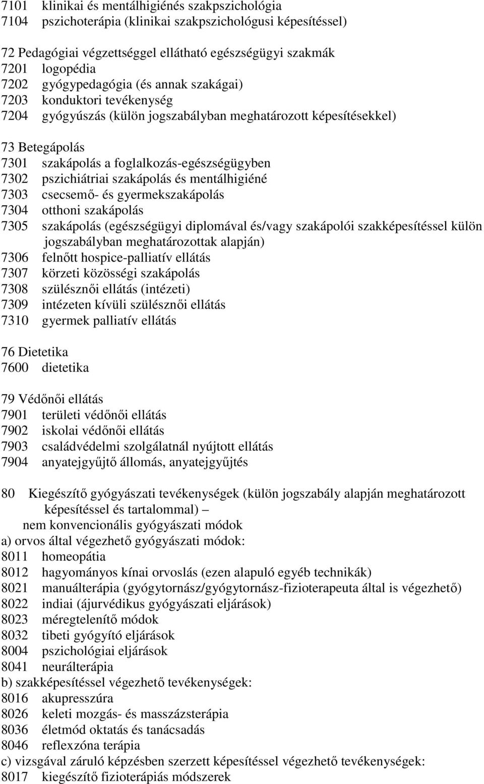 pszichiátriai szakápolás és mentálhigiéné 7303 csecsemı- és gyermekszakápolás 7304 otthoni szakápolás 7305 szakápolás (egészségügyi diplomával és/vagy szakápolói szakképesítéssel külön jogszabályban