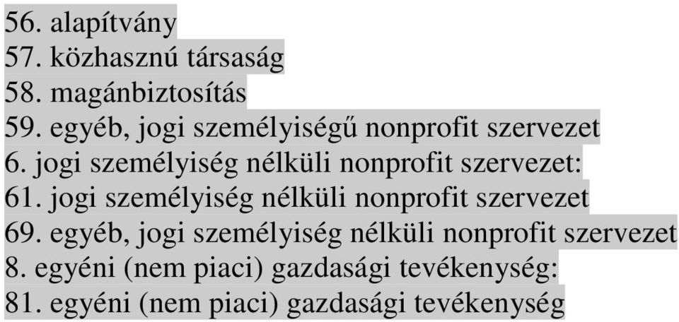 jogi személyiség nélküli nonprofit szervezet: 61.