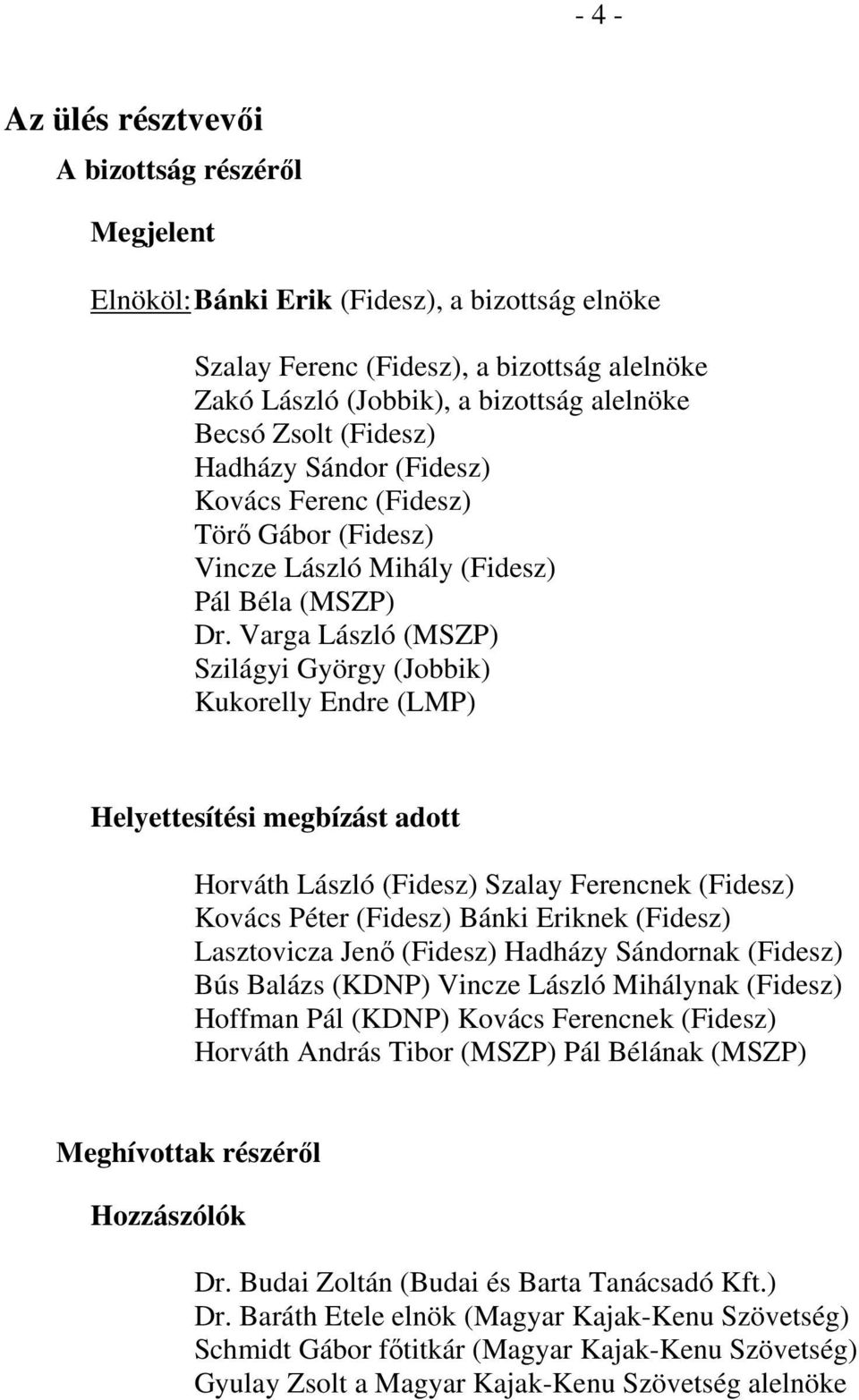 Varga László (MSZP) Szilágyi György (Jobbik) Kukorelly Endre (LMP) Helyettesítési megbízást adott Horváth László (Fidesz) Szalay Ferencnek (Fidesz) Kovács Péter (Fidesz) Bánki Eriknek (Fidesz)