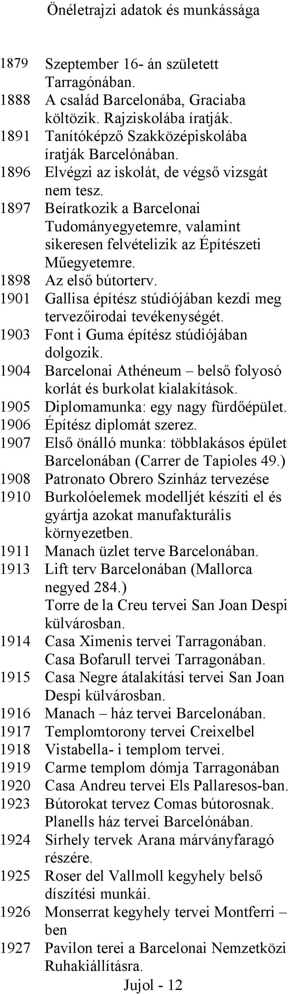 1897 Beíratkozik a Barcelonai Tudományegyetemre, valamint sikeresen felvételizik az Építészeti Műegyetemre. 1898 Az első bútorterv.