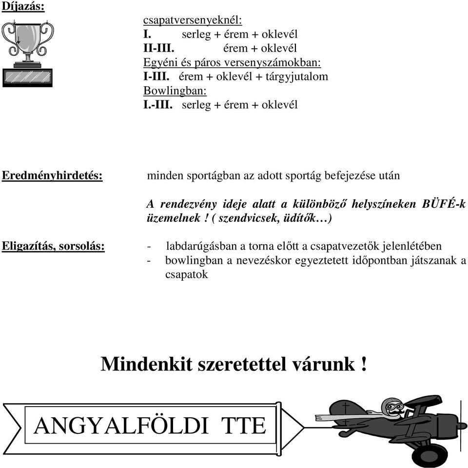 serleg + érem + oklevél Eredményhirdetés: minden sportágban az adott sportág befejezése után A rendezvény ideje alatt a különböző