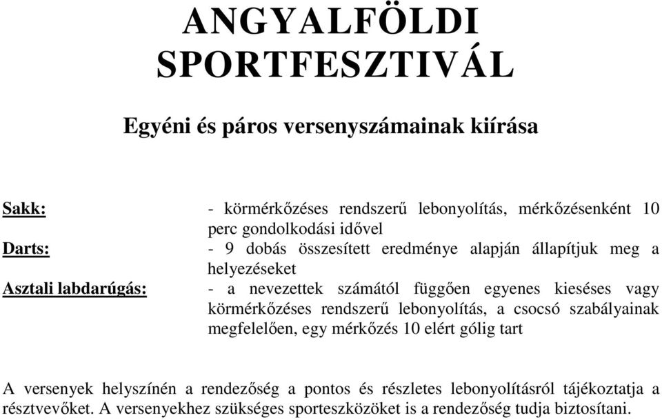 függően egyenes kieséses vagy körmérkőzéses rendszerű lebonyolítás, a csocsó szabályainak megfelelően, egy mérkőzés 10 elért gólig tart A versenyek