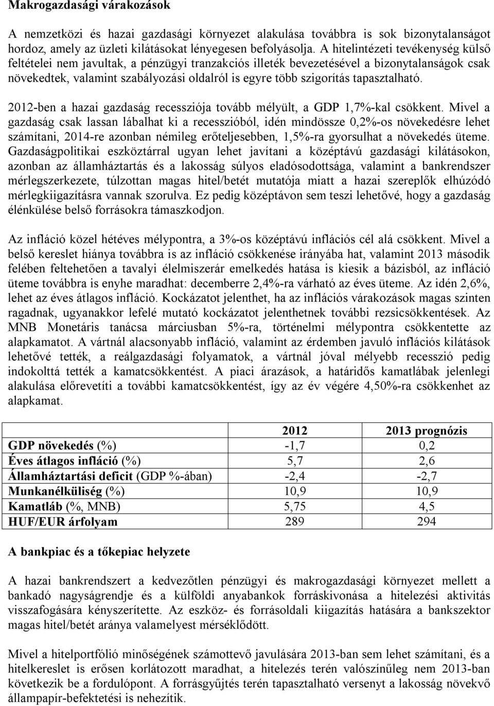 tapasztalható. 2012-ben a hazai gazdaság recessziója tovább mélyült, a GDP 1,7%-kal csökkent.