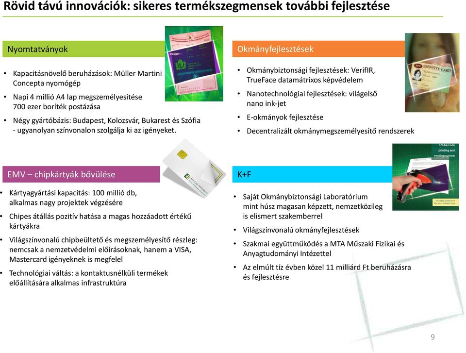 Okmányfejlesztések Okmánybiztonsági fejlesztések: VerifIR, TrueFace datamátrixos képvédelem Nanotechnológiai fejlesztések: világelső nano ink-jet E-okmányok fejlesztése Decentralizált