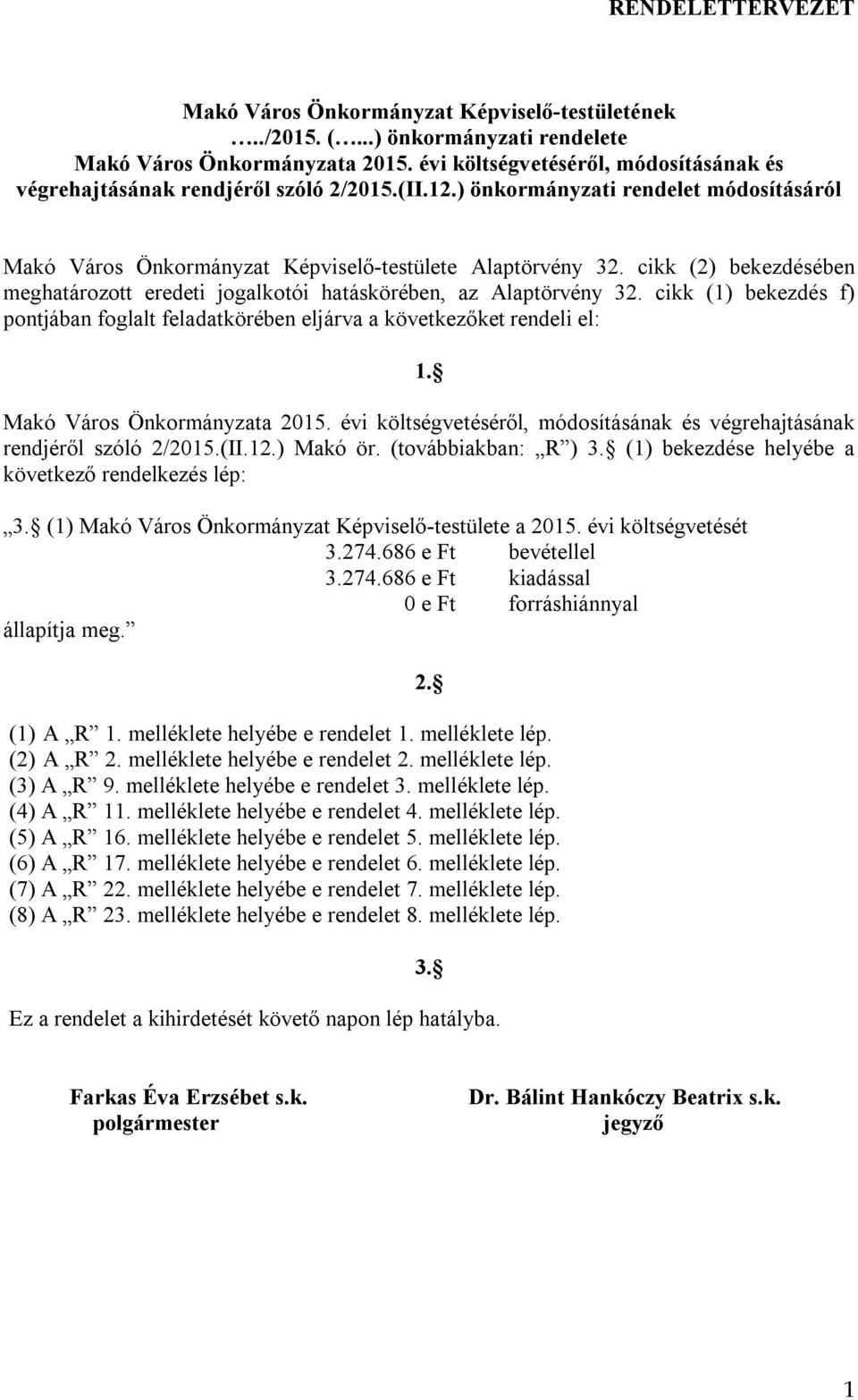 cikk (1) bekezdés f) pontjában foglalt feladatkörében eljárva a következőket rendeli el: 1. Makó Város Önkormányzata költségvetéséről, módosításának és végrehajtásának rendjéről szóló 2/215.(II.12.