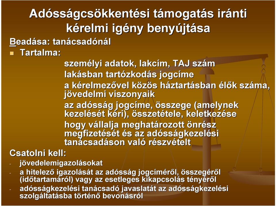 vállalja v meghatározott önrész megfizetését és s az sságkezelési tanácsad csadáson son való részvételt Csatolni kell: - jövedelemigazolásokat - a hitelezı igazolását t az sság g