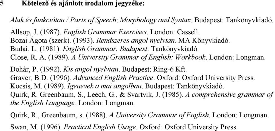 London: Longman. Dohár, P. (1992). Kis angol nyelvtan. Budapest: Ring-6 Kft. Graver, B.D. (1996). Advanced English Practice. Oxford: Oxford University Press. Kocsis, M. (1989).