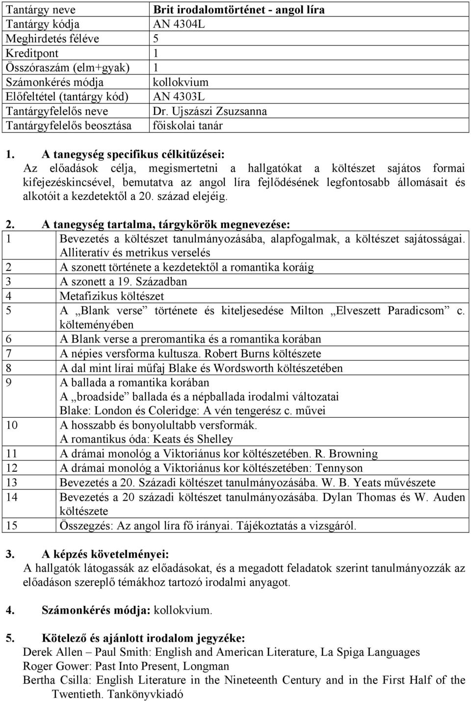 A tanegység specifikus célkitűzései: Az előadások célja, megismertetni a hallgatókat a költészet sajátos formai kifejezéskincsével, bemutatva az angol líra fejlődésének legfontosabb állomásait és