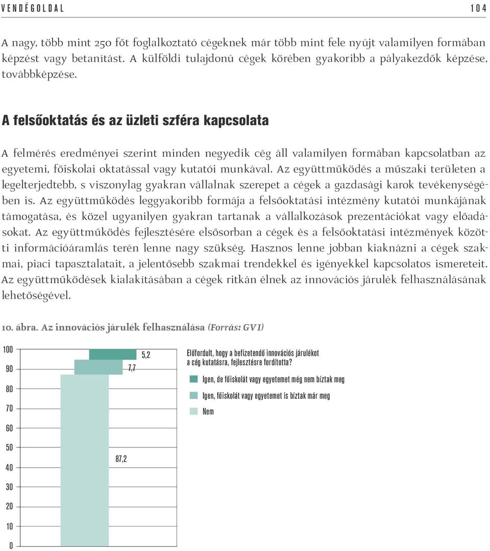 A felsőoktatás és az üzleti szféra kapcsolata A felmérés eredményei szerint minden negyedik cég áll valamilyen formában kapcsolatban az egyetemi, főiskolai oktatással vagy kutatói munkával.