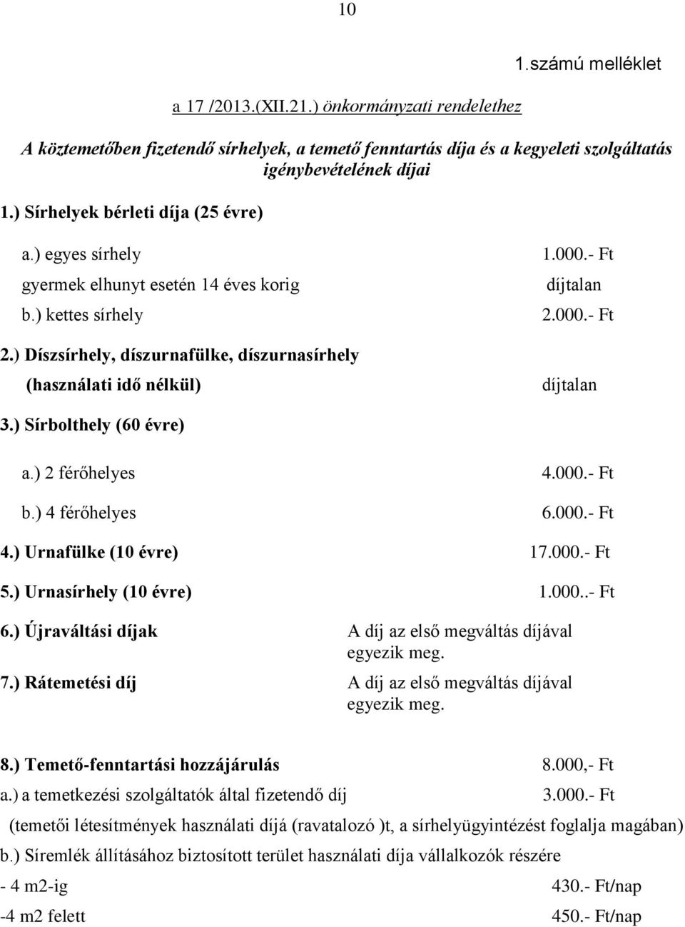 - Ft díjtalan 2.000.- Ft díjtalan 3.) Sírbolthely (60 évre) a.) 2 férőhelyes b.) 4 férőhelyes 4.000.- Ft 6.000.- Ft 4.) Urnafülke (10 évre) 17.000.- Ft 5.) Urnasírhely (10 évre) 1.000..- Ft 6.) Újraváltási díjak A díj az első megváltás díjával egyezik meg.