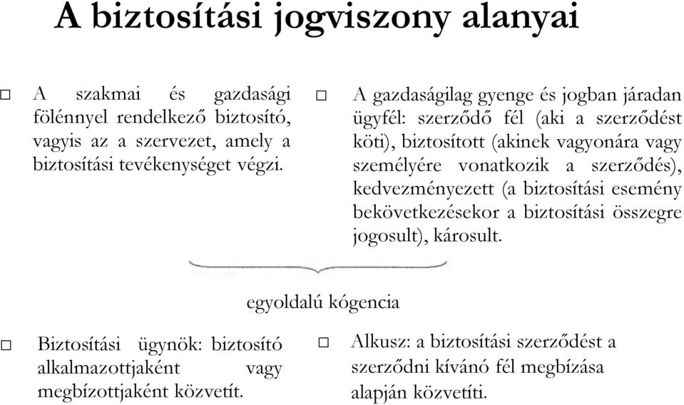 A gazdaságilag gyenge és jogban járadan ügyfél: szerződő fél (aki a szerződést köti), biztosított (akinek vagyonára vagy személyére vonatkozik a