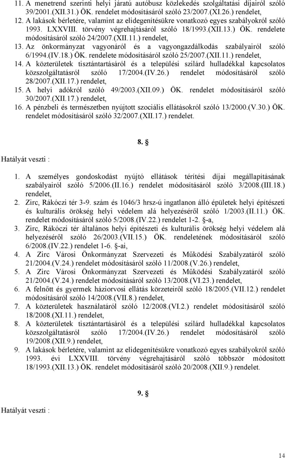 ) rendelet, 13. Az önkormányzat vagyonáról és a vagyongazdálkodás szabályairól szóló 6/1994.(IV.18.) ÖK. rendelete módosításáról szóló 25/2007.(XII.11.) rendelet, 14.