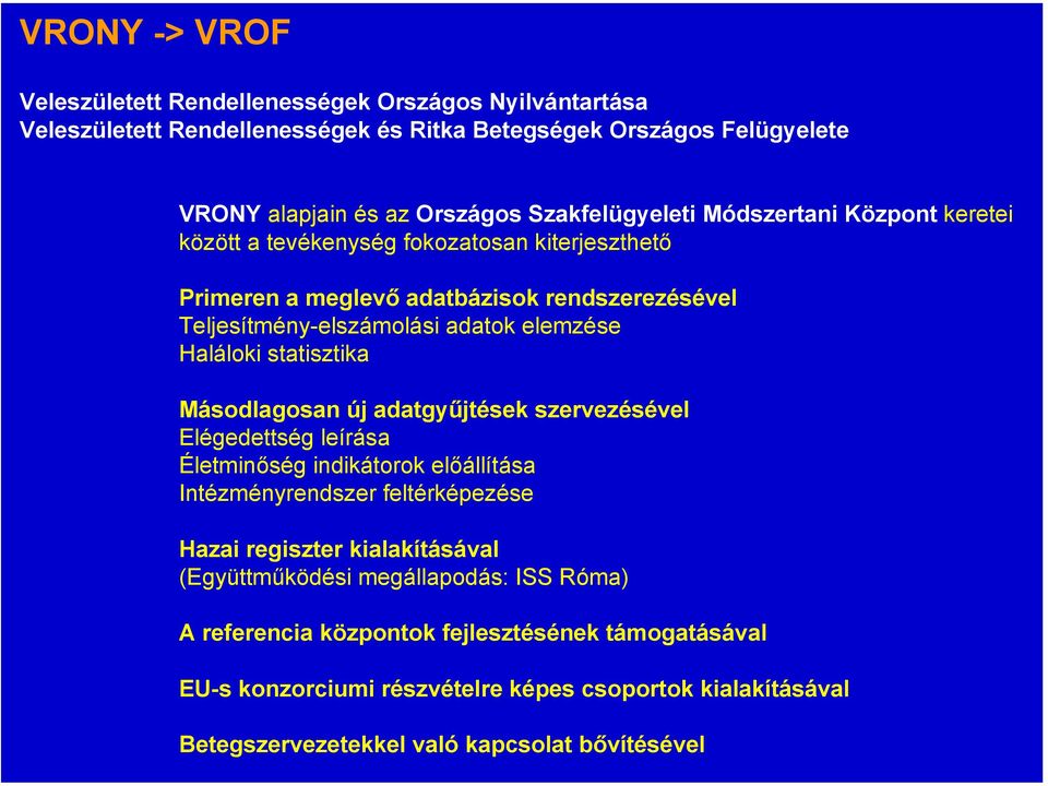 Haláloki statisztika Másodlagosan új adatgyűjtések szervezésével Elégedettség leírása Életminőség indikátorok előállítása Intézményrendszer feltérképezése Hazai regiszter