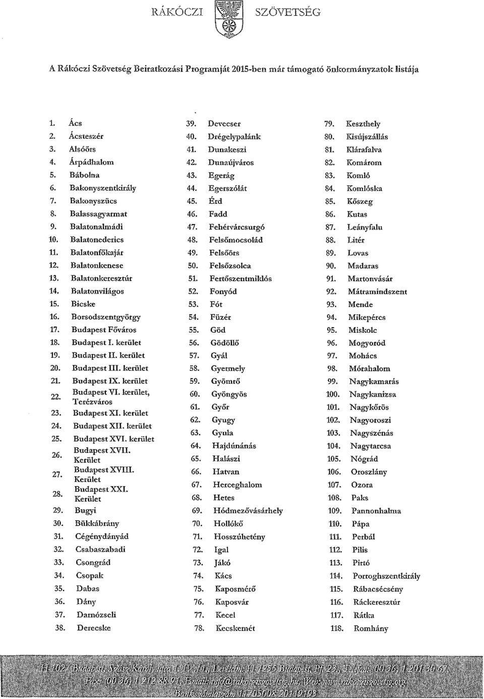 Érd 85. Kőszeg 8. Balassagyarmat 46. Fadd 86. Kutas 9. Balatonalmádi 47. Fehérvárcsurgó 87. Leányfalu 10. Balatonederics 48. Felsőmocsolád 88. Litér 11. Balatonfőkajár 49. Felsőörs 89. Lovas 12.