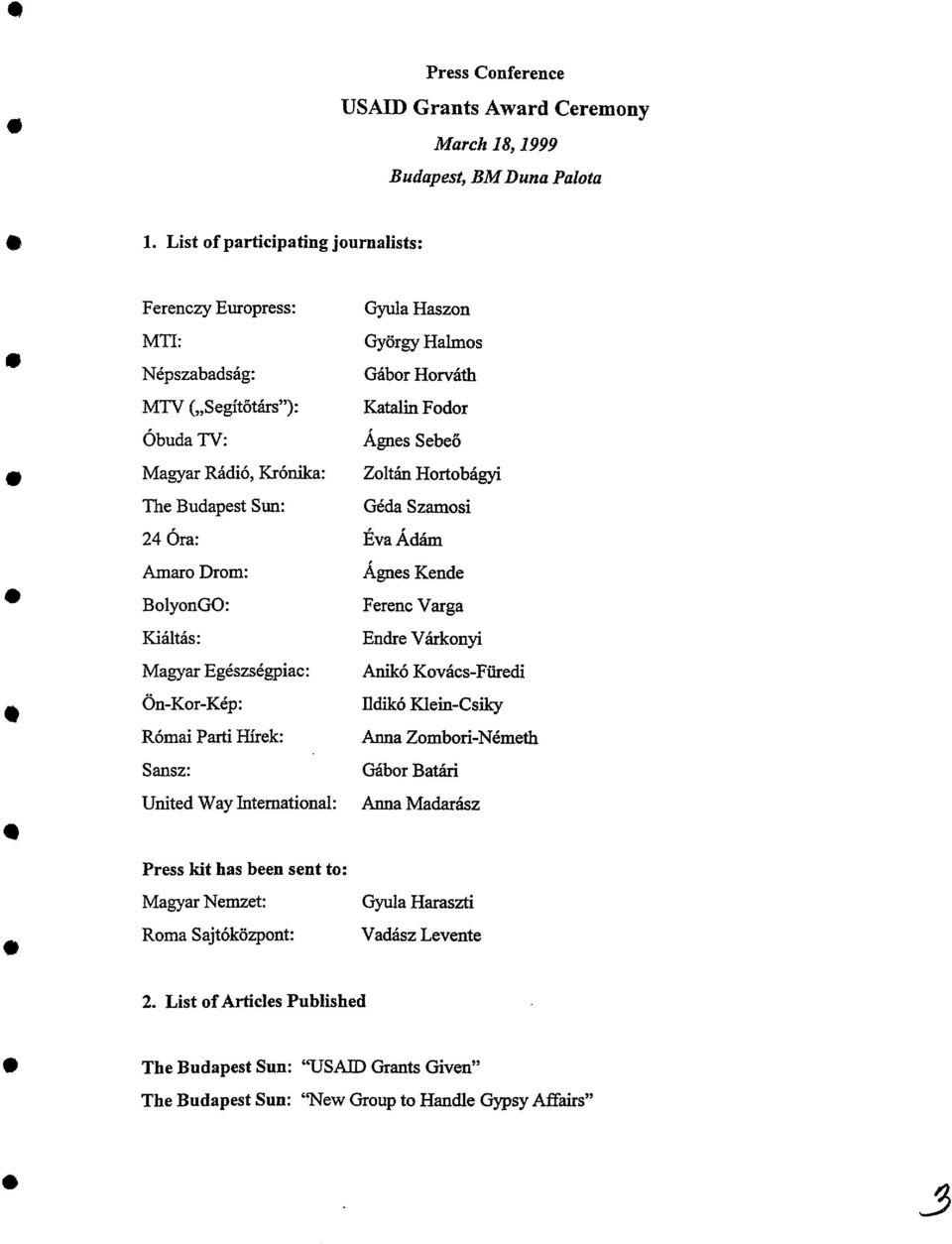 List of Articles Published Press Conference USAID Grants Award Ceremony March 18, 1999 Budapest, BM Duna Palota Gyula Haszon Gyorgy Halmos Gabor Horvath Katalin Fodor Agnes Sebeo Zoltan Hortobagyi