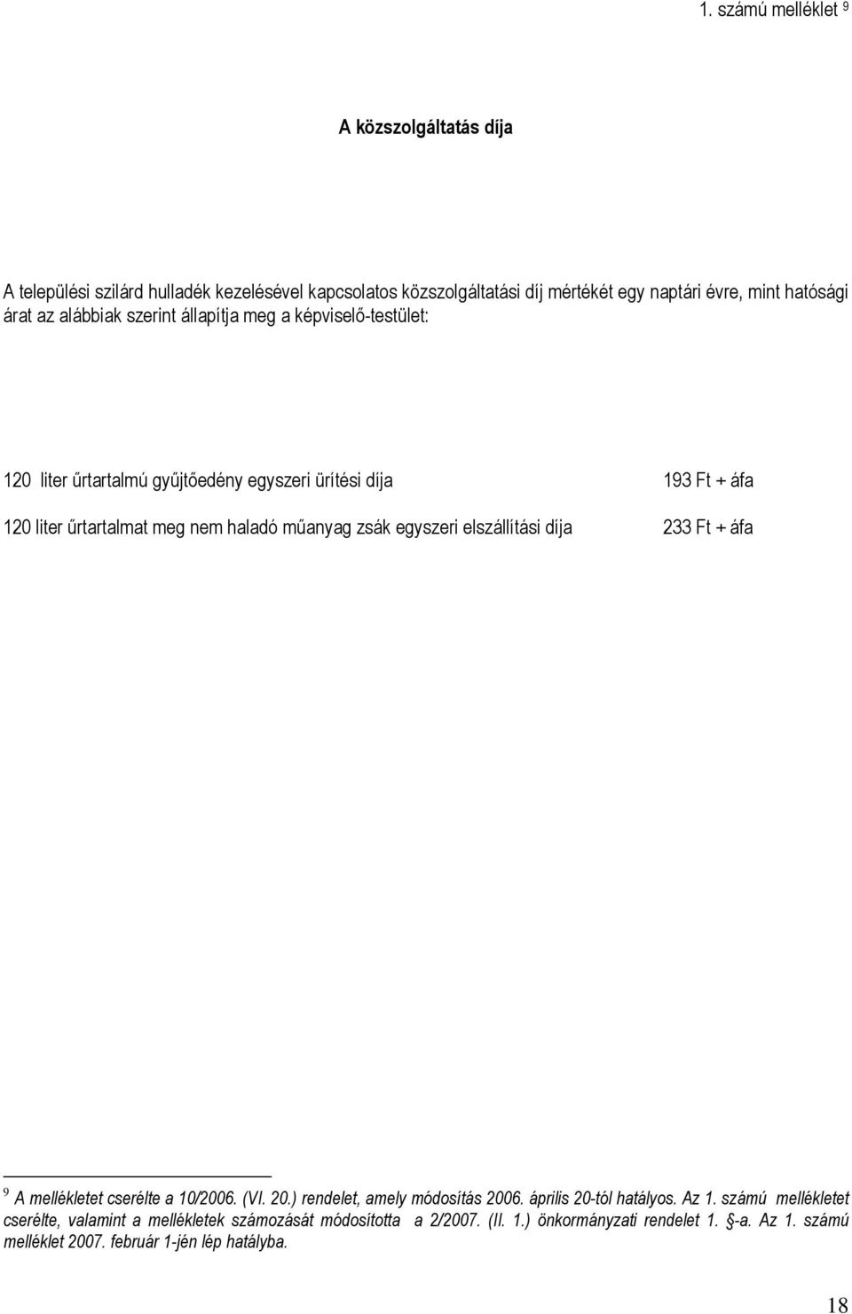 zsák egyszeri elszállítási díja 233 Ft + áfa 9 A mellékletet cserélte a 10/2006. (VI. 20.) rendelet, amely módosítás 2006. április 20-tól hatályos. Az 1.