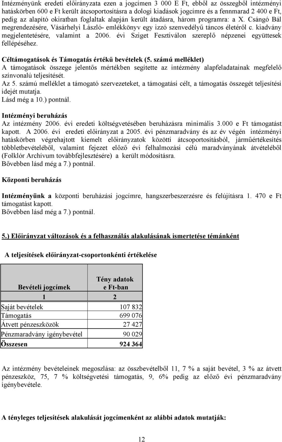 kiadvány megjelentetésére, valamint a 2006. évi Sziget Fesztiválon szereplő népzenei együttesek fellépéséhez. Céltámogatások és Támogatás értékű bevételek (5.