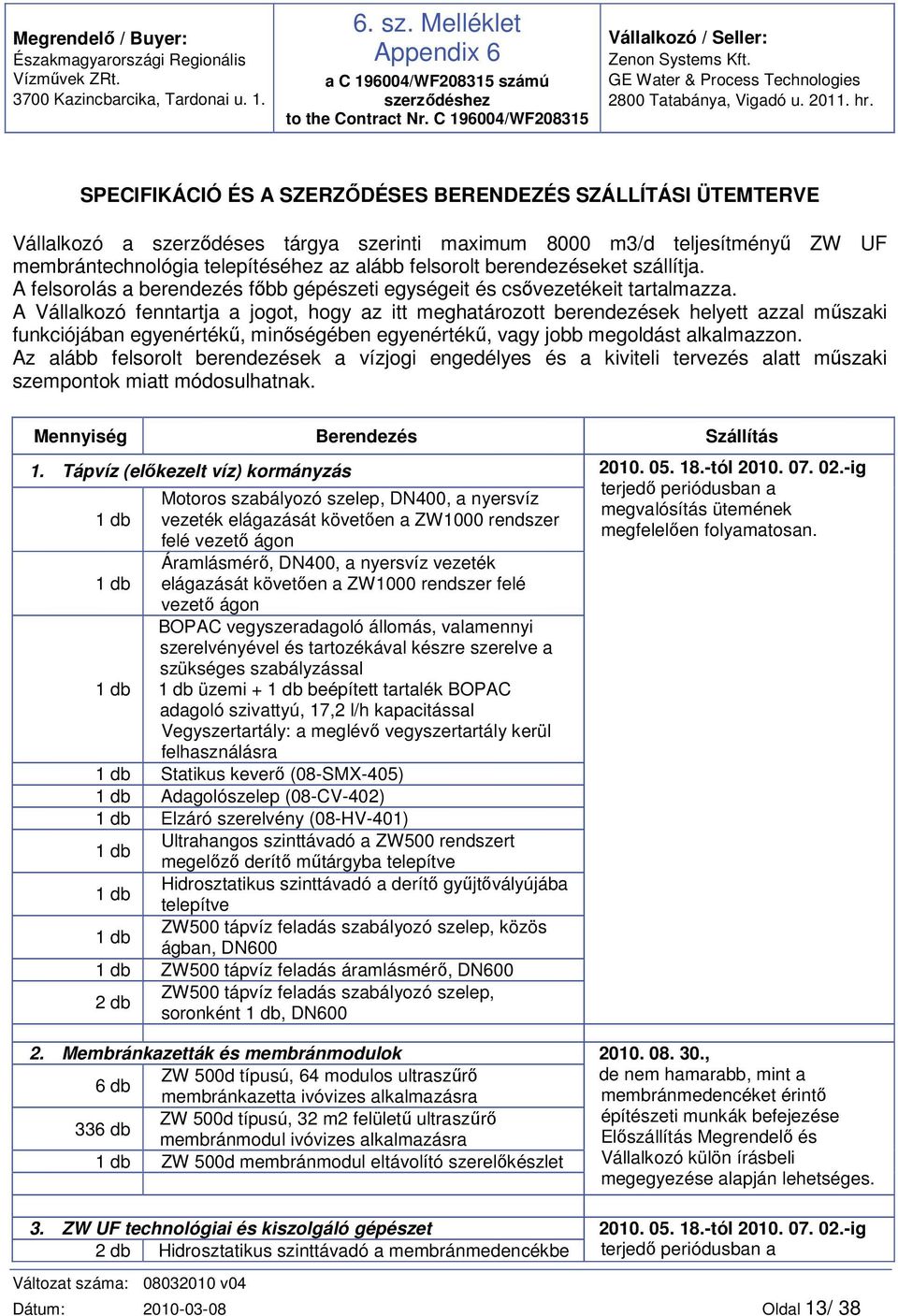 SPECIFIKÁCIÓ ÉS A SZERZŐDÉSES BERENDEZÉS SZÁLLÍTÁSI ÜTEMTERVE Vállalkzó a szerződéses tárgya szerinti maximum 8000 m3/d teljesítményű ZW UF membrántechnlógia telepítéséhez az alább felsrlt