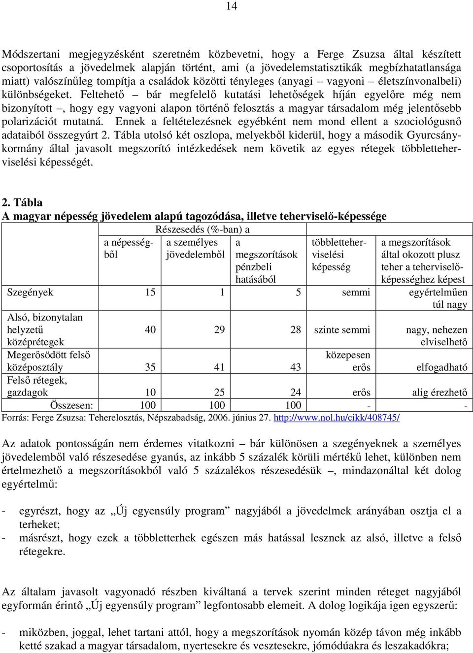 Feltehetı bár megfelelı kutatási lehetıségek híján egyelıre még nem bizonyított, hogy egy vagyoni alapon történı felosztás a magyar társadalom még jelentısebb polarizációt mutatná.