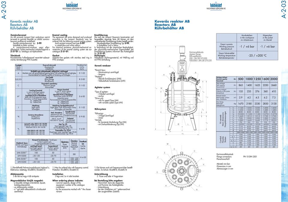 The equipment B series designed and produced according to the Lampart standards may be ordered with the following enamel coating system: of the enamel coating system see our Gasket sbestos-free