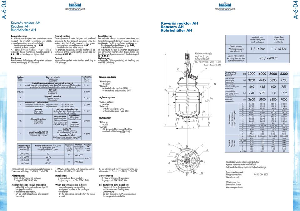 The equipment H series designed and produced according to the Lampart standards may be ordered with the following enamel coating system: of the enamel coating system see our Gasket sbestos-free