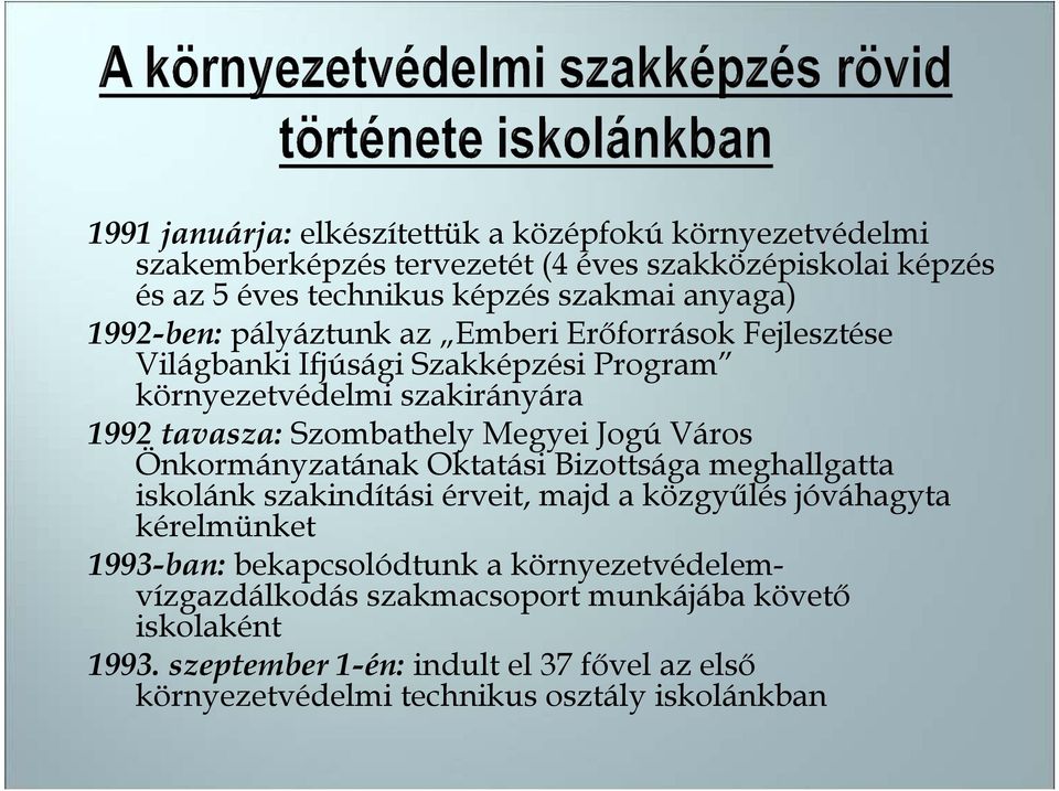 Város Önkormányzatának Oktatási Bizottsága meghallgatta iskolánk szakindítási érveit, majd a közgyőlés jóváhagyta kérelmünket 1993-ban: bekapcsolódtunk a