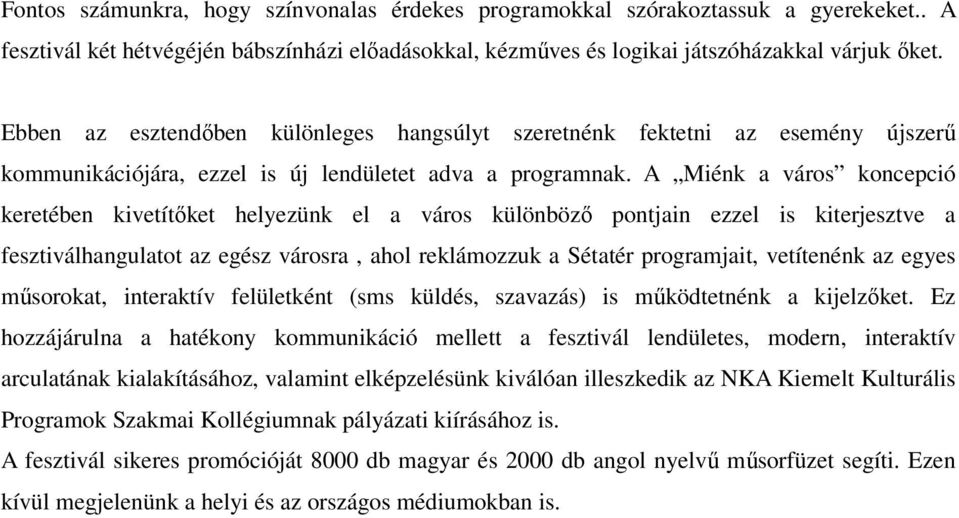 A Miénk a város koncepció keretében kivetítıket helyezünk el a város különbözı pontjain ezzel is kiterjesztve a fesztiválhangulatot az egész városra, ahol reklámozzuk a Sétatér programjait,