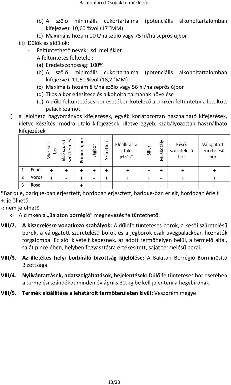 melléklet - A feltüntetés feltételei: (a) Eredetazonosság: 100% (b) A szőlő minimális cukortartalma (potenciális alkoholtartalomban kifejezve): 11,50 %vol (18,2 MM) (c) Maximális hozam 8 t/ha szőlő