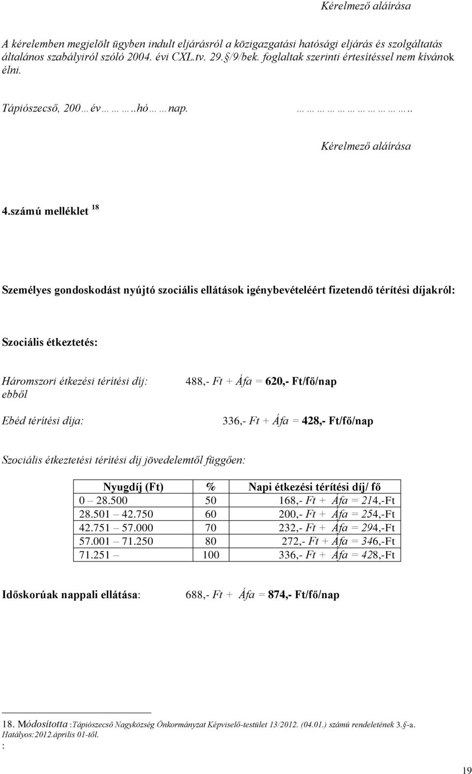 számú melléklet 18 Személyes gondoskodást nyújtó szociális ellátások igénybevételéért fizetendő térítési díjakról: Szociális étkeztetés: Háromszori étkezési térítési díj: ebből Ebéd térítési díja: