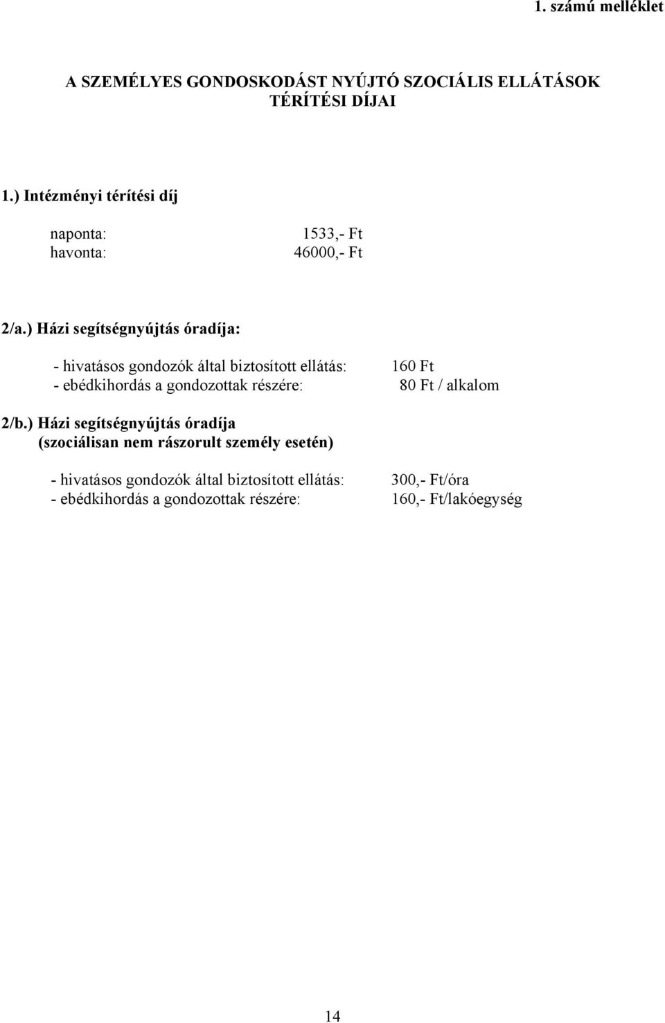 ) Házi segítségnyújtás óradíja: - hivatásos gondozók által biztosított ellátás: 160 Ft - ebédkihordás a gondozottak részére: