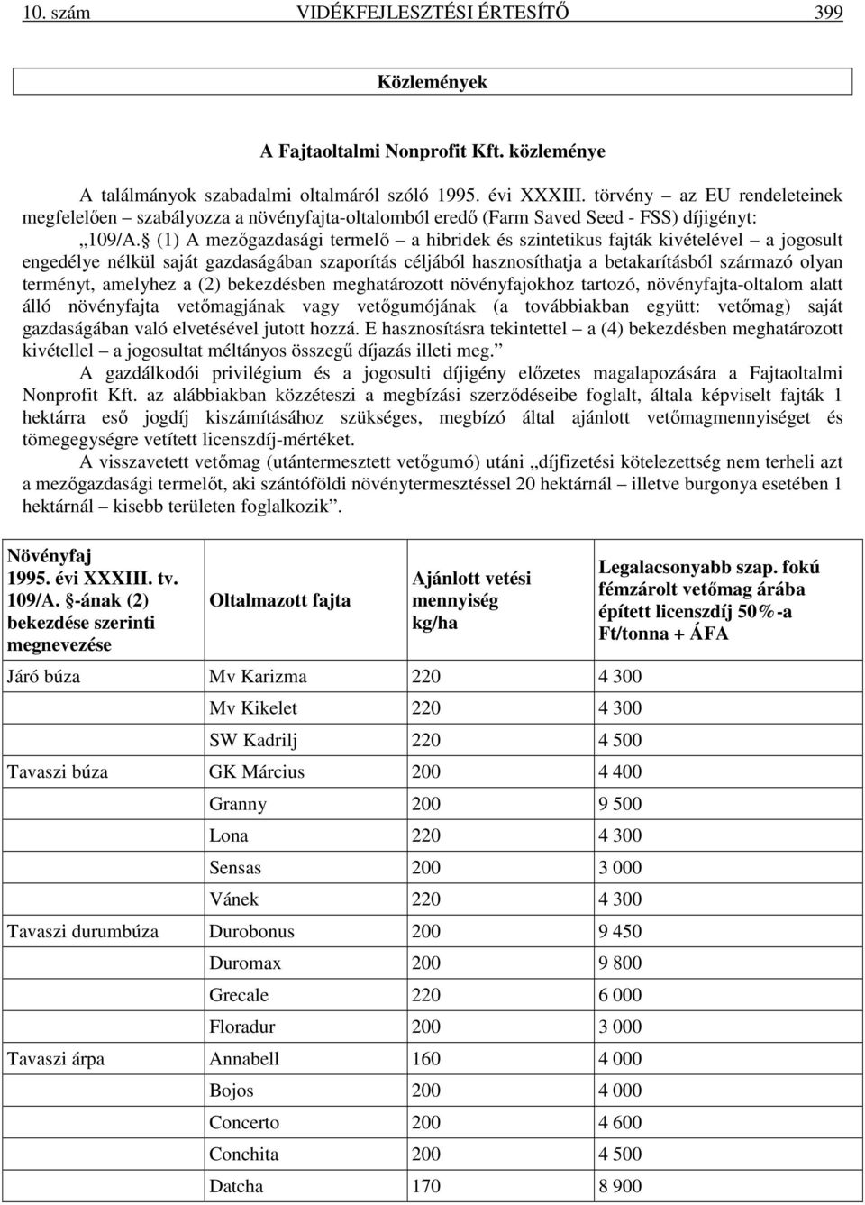 (1) A mezıgazdasági termelı a hibridek és szintetikus fajták kivételével a jogosult engedélye nélkül saját gazdaságában szaporítás céljából hasznosíthatja a betakarításból származó olyan terményt,