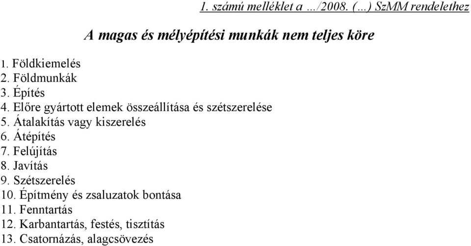 Átalakítás vagy kiszerelés 6. Átépítés 7. Felújítás 8. Javítás 9. Szétszerelés 10.