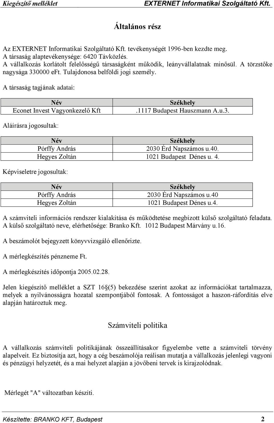 A társaság tagjának adatai: Név Econet Invest Vagyonkezelő Kft Székhely.1117 Budapest Hauszmann A.u.3. Aláírásra jogosultak: Képviseletre jogosultak: Név Székhely Pórffy András 2030 Érd Napszámos u.