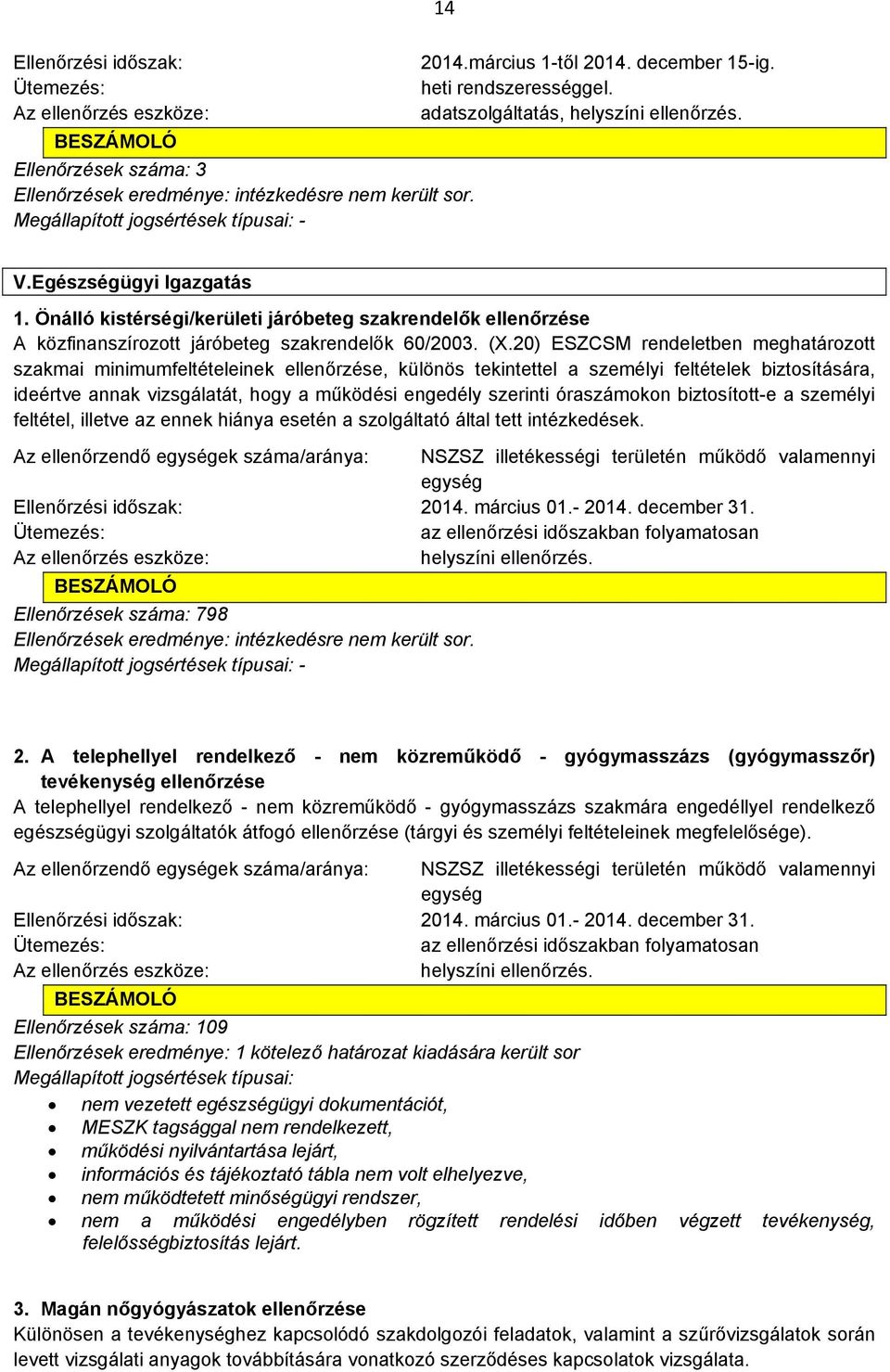 20) ESZCSM rendeletben meghatározott szakmai minimumfeltételeinek ellenőrzése, különös tekintettel a személyi feltételek biztosítására, ideértve annak vizsgálatát, hogy a működési engedély szerinti