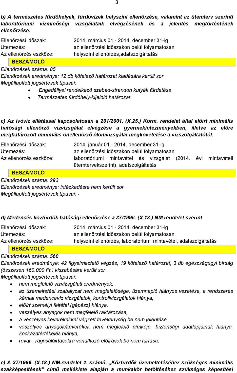 december 31-ig az ellenőrzési időszakon belül folyamatosan helyszíni ellenőrzés,adatszolgáltatás Ellenőrzések száma: 85 Ellenőrzések eredménye: 12 db kötelező határozat kiadására került sor